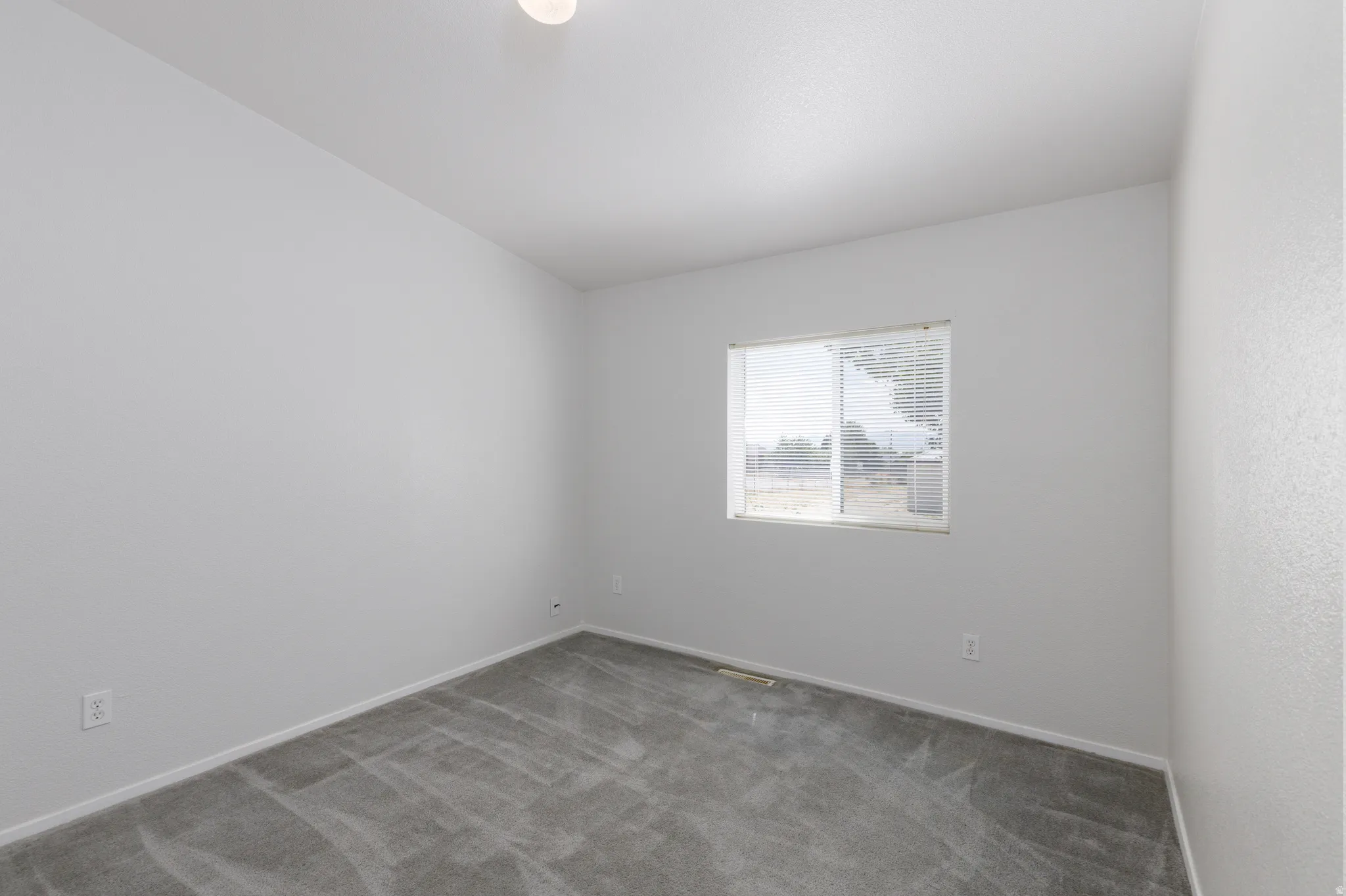 Neutral-toned room featuring a single window with horizontal blinds, light gray wall-to-wall carpeting, white baseboards, and a flush-mount ceiling light fixture