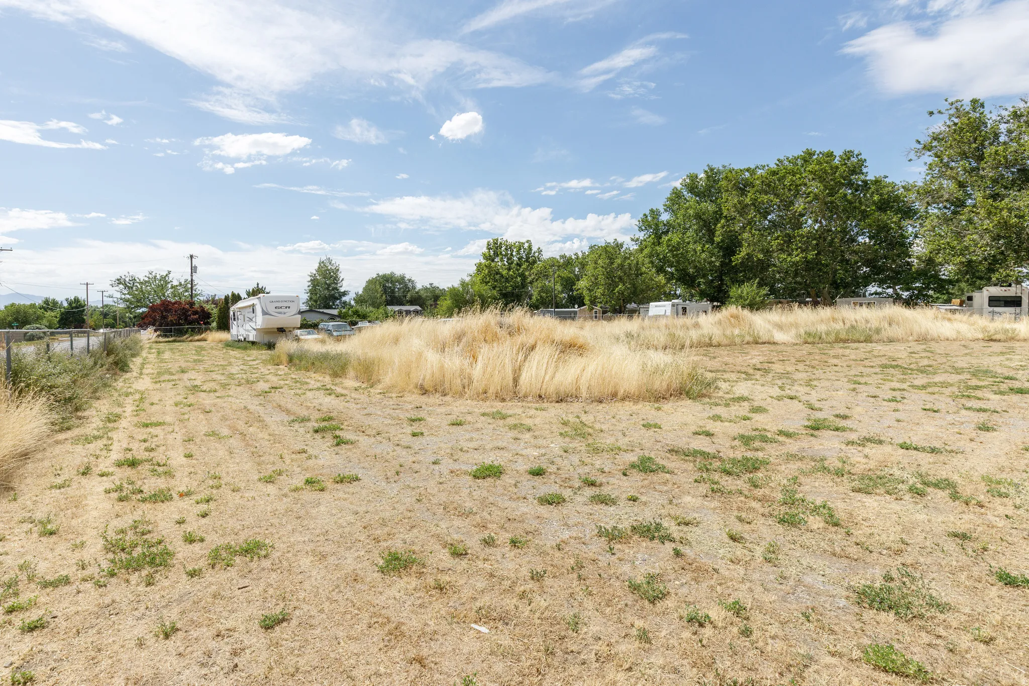 Expansive open lot featuring natural grasses and distant mature trees