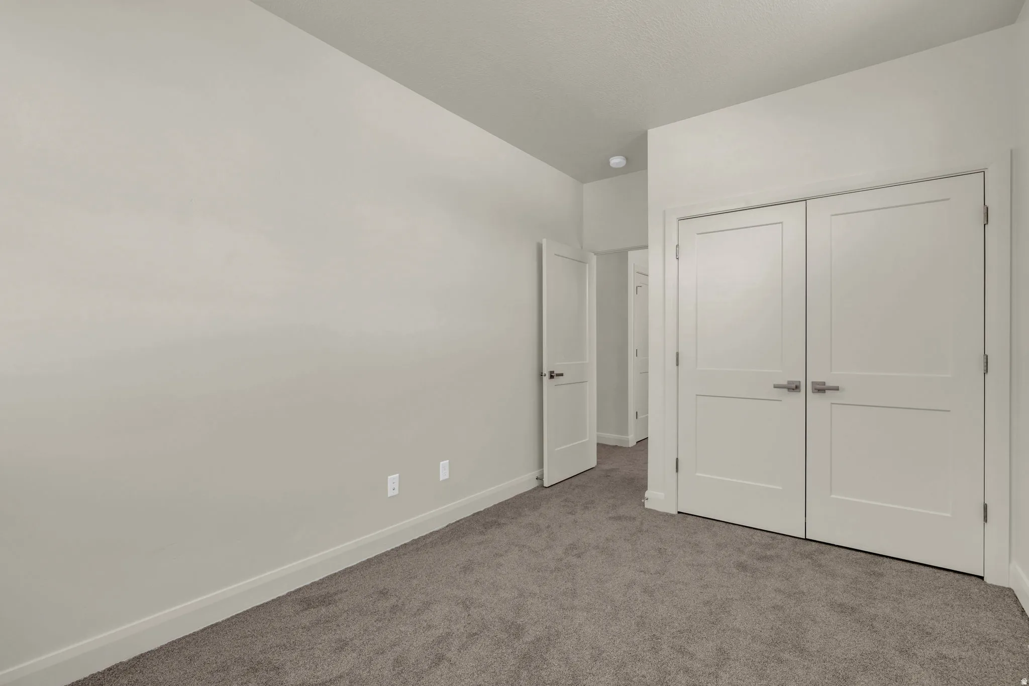Neutral tone wall finishes complemented by gray carpet flooring