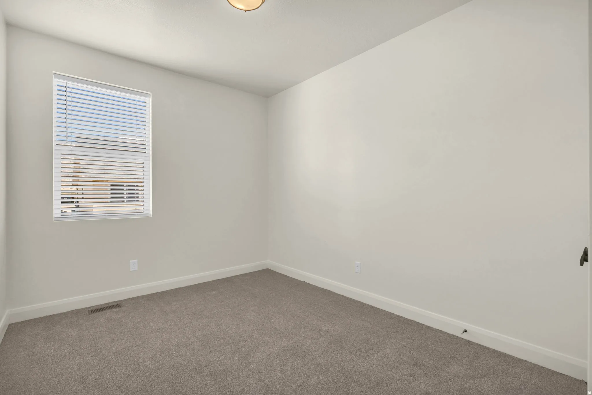 Carpeted room featuring a single window with blinds, white walls, and a ceiling-mounted light fixture