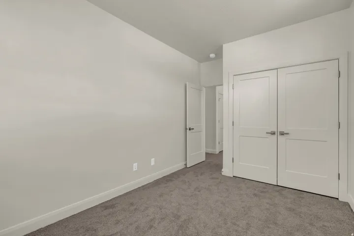 Neutral tone wall finishes complemented by gray carpet flooring