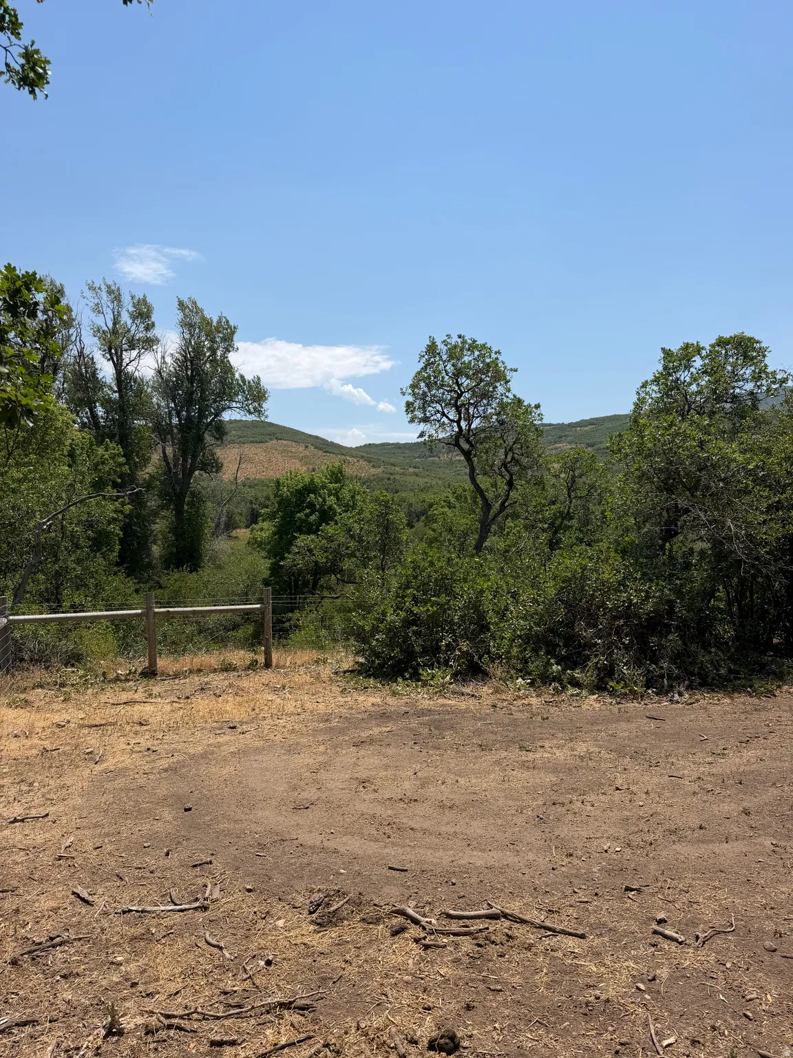 Expansive natural terrain featuring a rustic wooden fence and mature trees