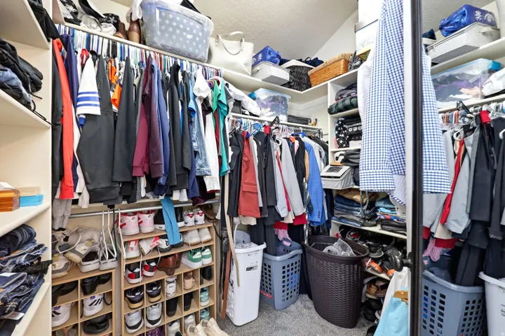 Walk-in closet featuring extensive built-in shelving, multiple hanging rods, dedicated shoe storage, and soft carpet flooring