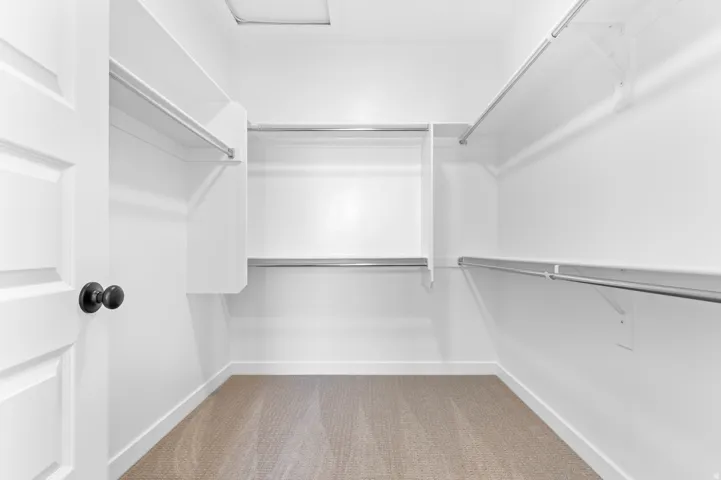 Walk-in closet featuring light-colored carpeting, multiple shelving units, and chrome hanging rods