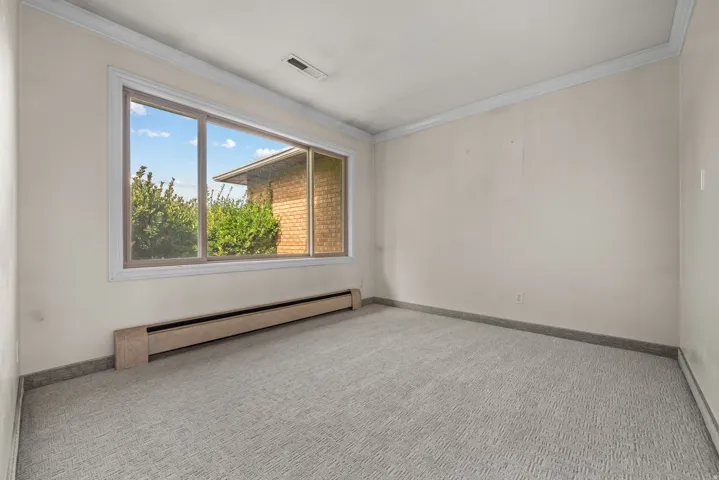 Carpeted room with a wide window, crown molding, and baseboard heating