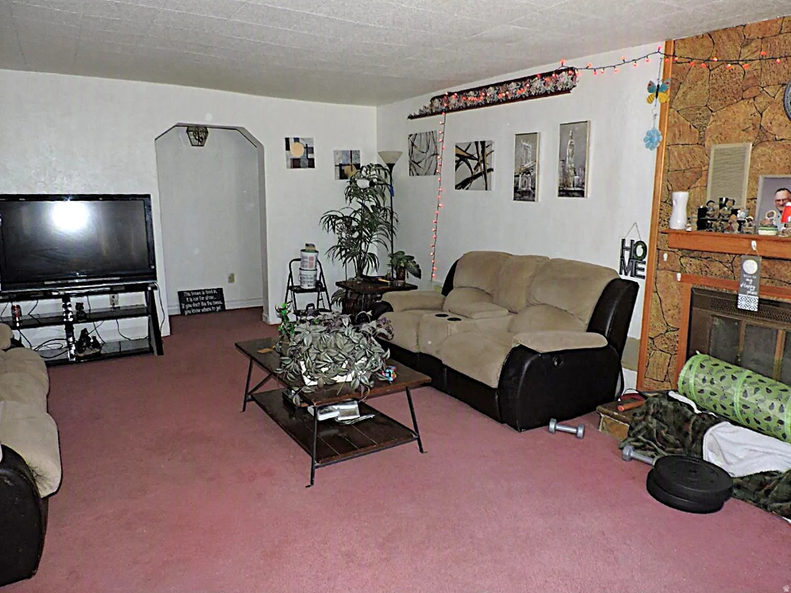 Living area featuring a fireplace with hearth, a wood mantel, and an arched doorway