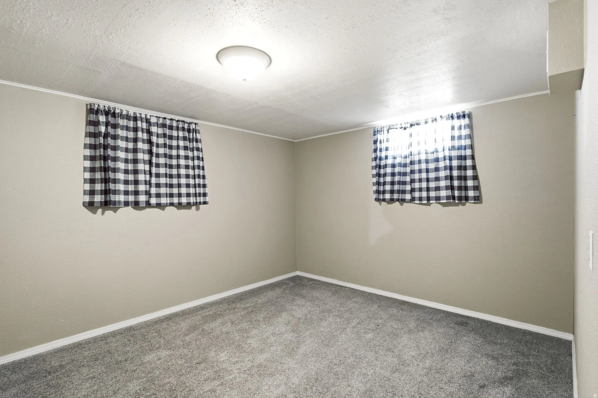 Room featuring neutral-toned walls, grey carpeting, and white trim
