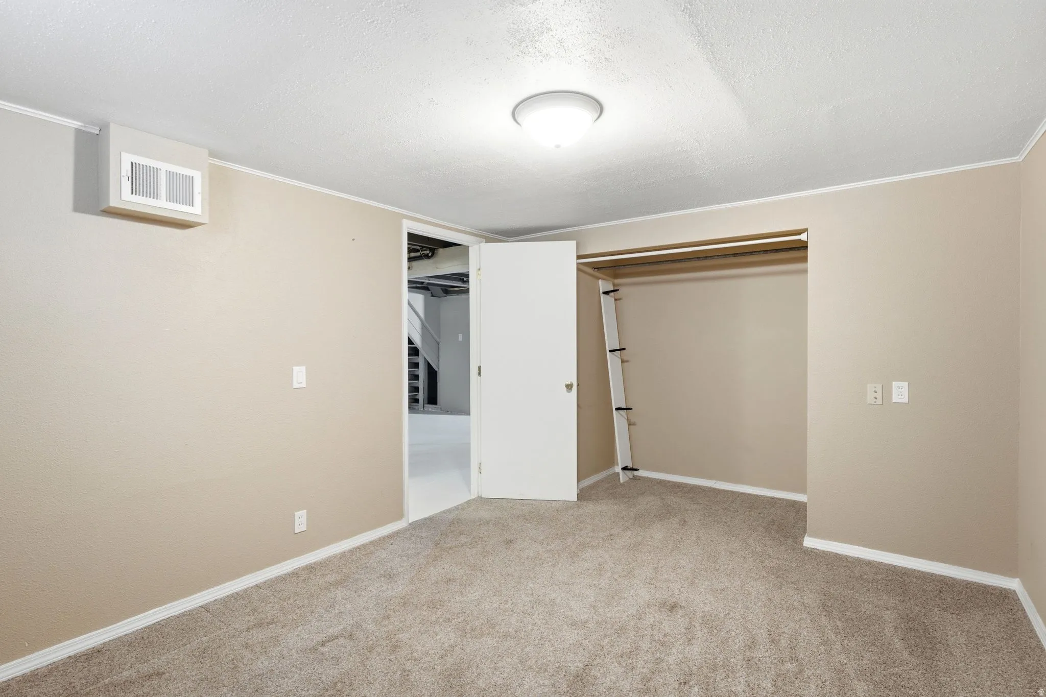 Carpeted room featuring a built-in closet with shelving, neutral wall paint, white trim, and a ceiling-mounted light fixture