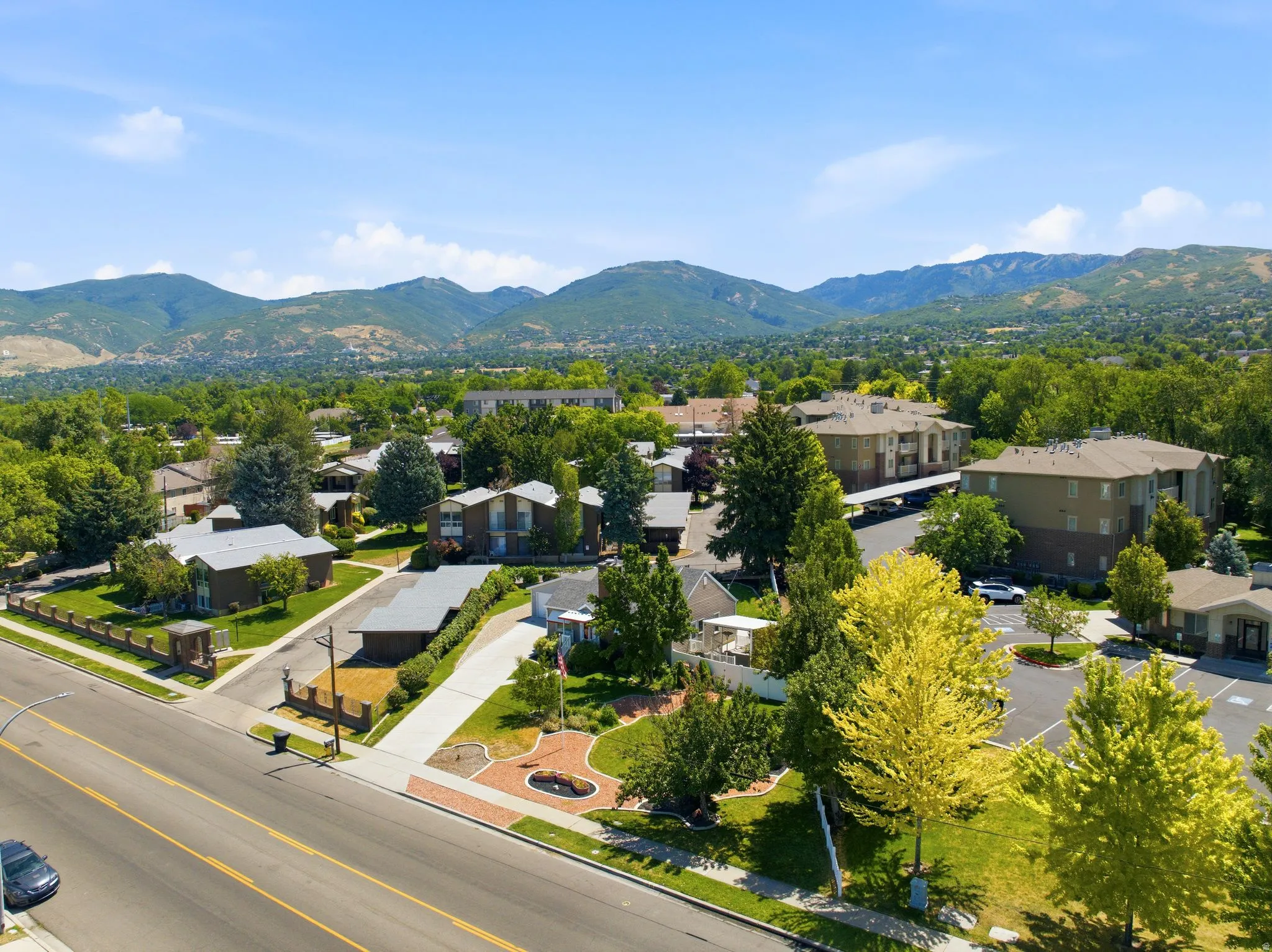 Expansive aerial perspective showcasing a neighborhood with varied residential structures and abundant mature trees