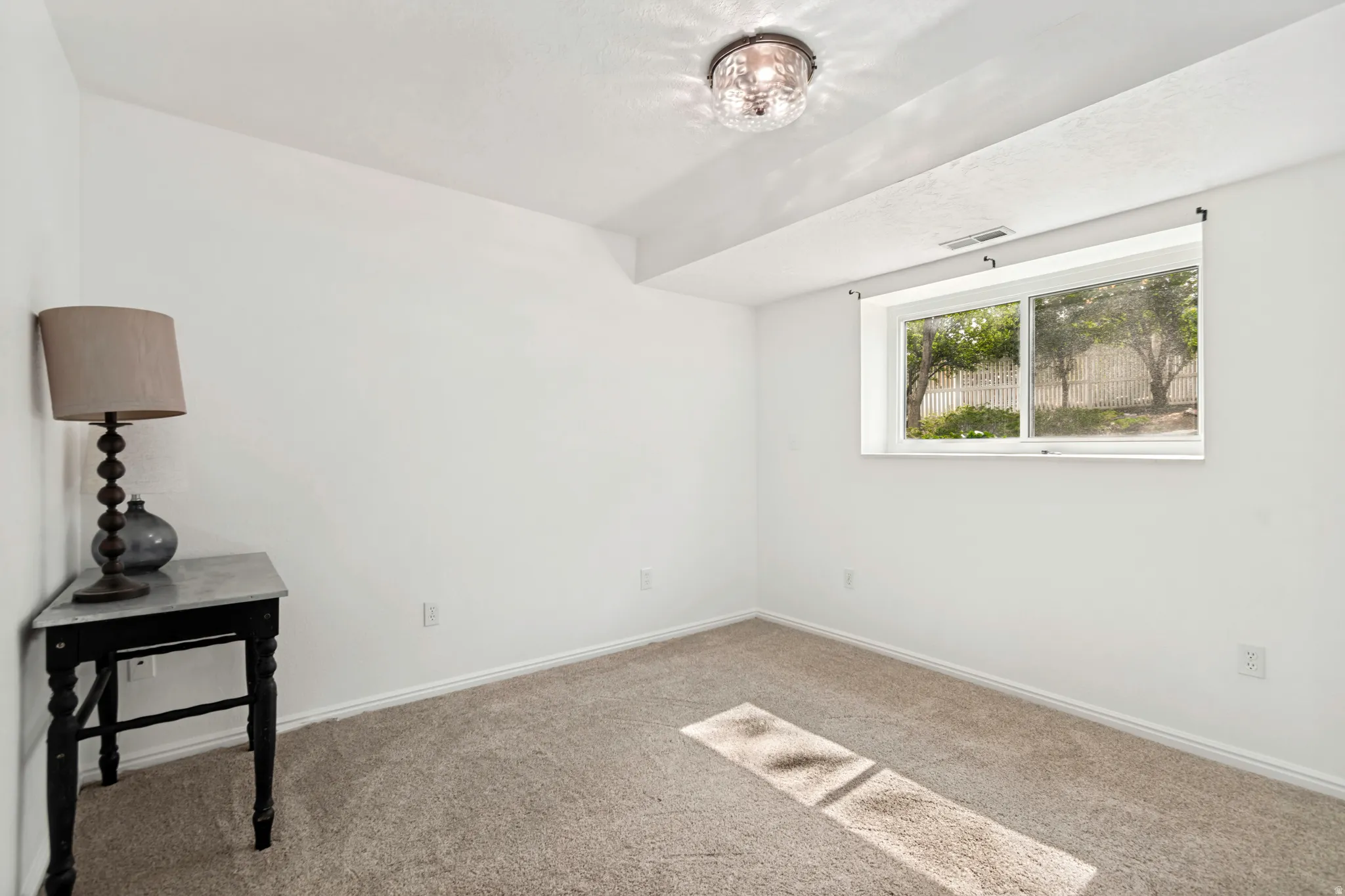 Carpeted room featuring a white ceiling and walls, a rectangular window, and a built-in ceiling light fixture