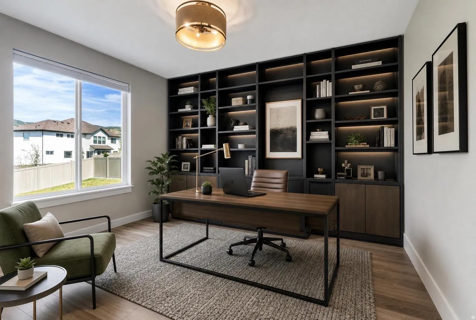 Virtual Staging. Spacious office featuring a large window, recessed lighting, and wood-finish flooring