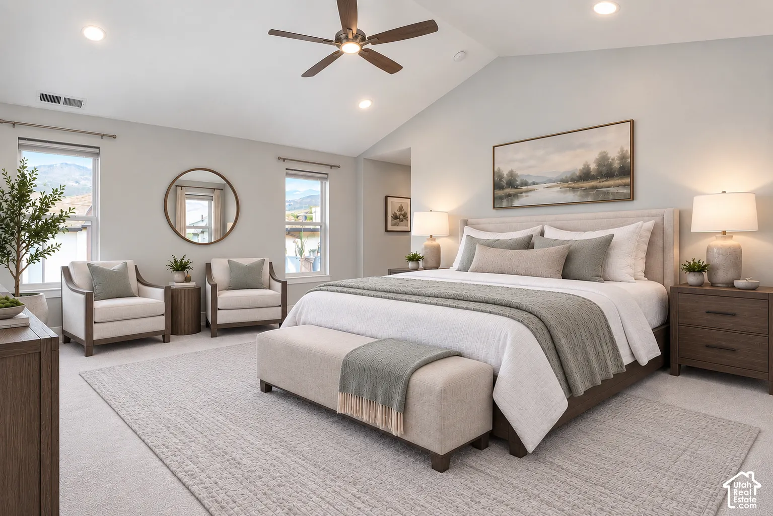 Vaulted ceiling with a ceiling fan, recessed lighting, and wall-to-wall carpeting