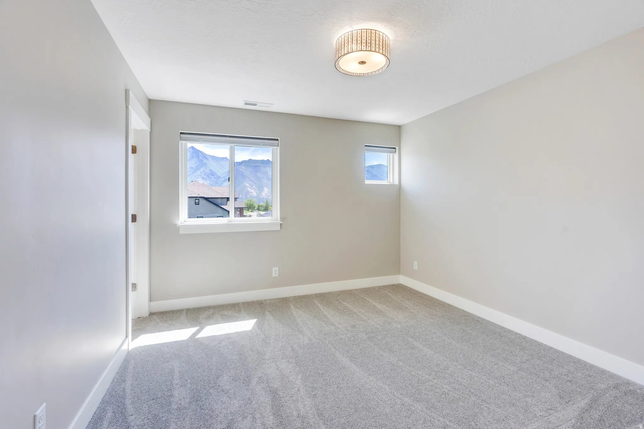 Spacious room with plush gray carpeting, two windows, and neutral wall paint