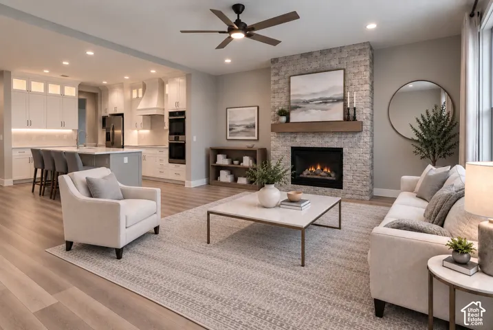 Stone-faced fireplace with a wood mantel, wood-finish flooring, recessed lighting, and a ceiling fan