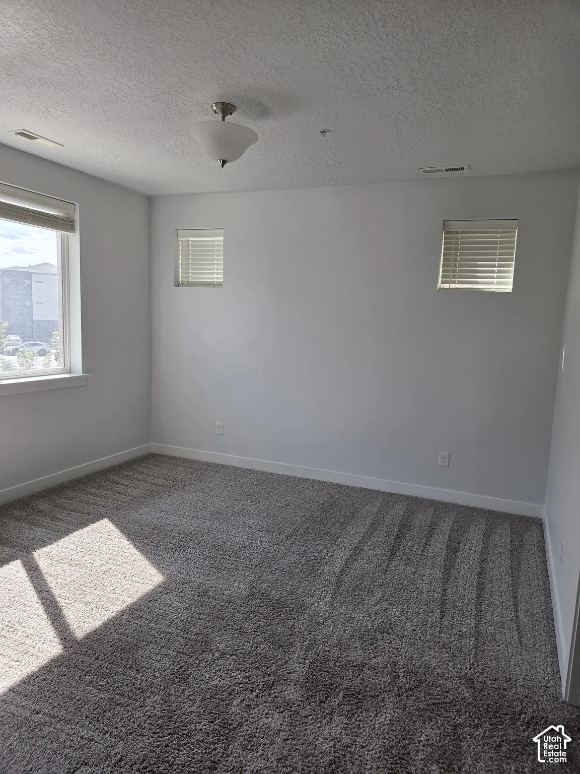 Bright interior space featuring plush gray carpeting, white painted walls, and multiple windows
