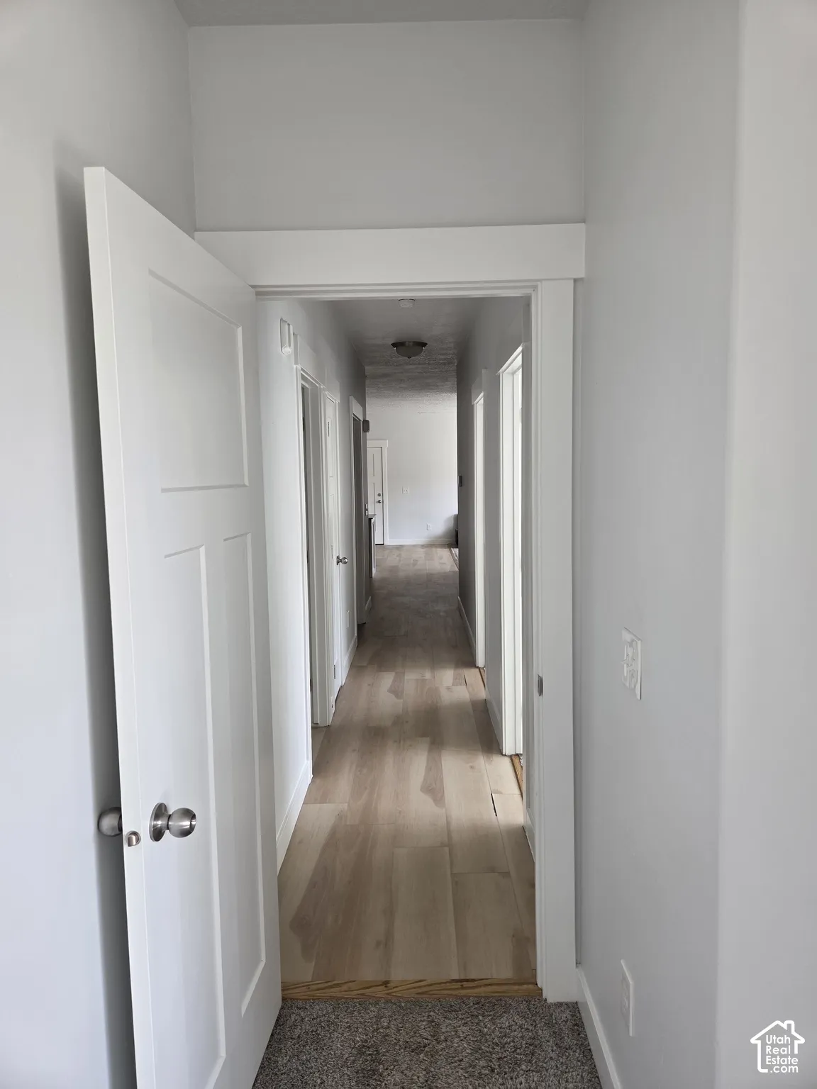 Hallway featuring light wood-finish flooring, white trim, and a white paneled door with brushed nickel hardware