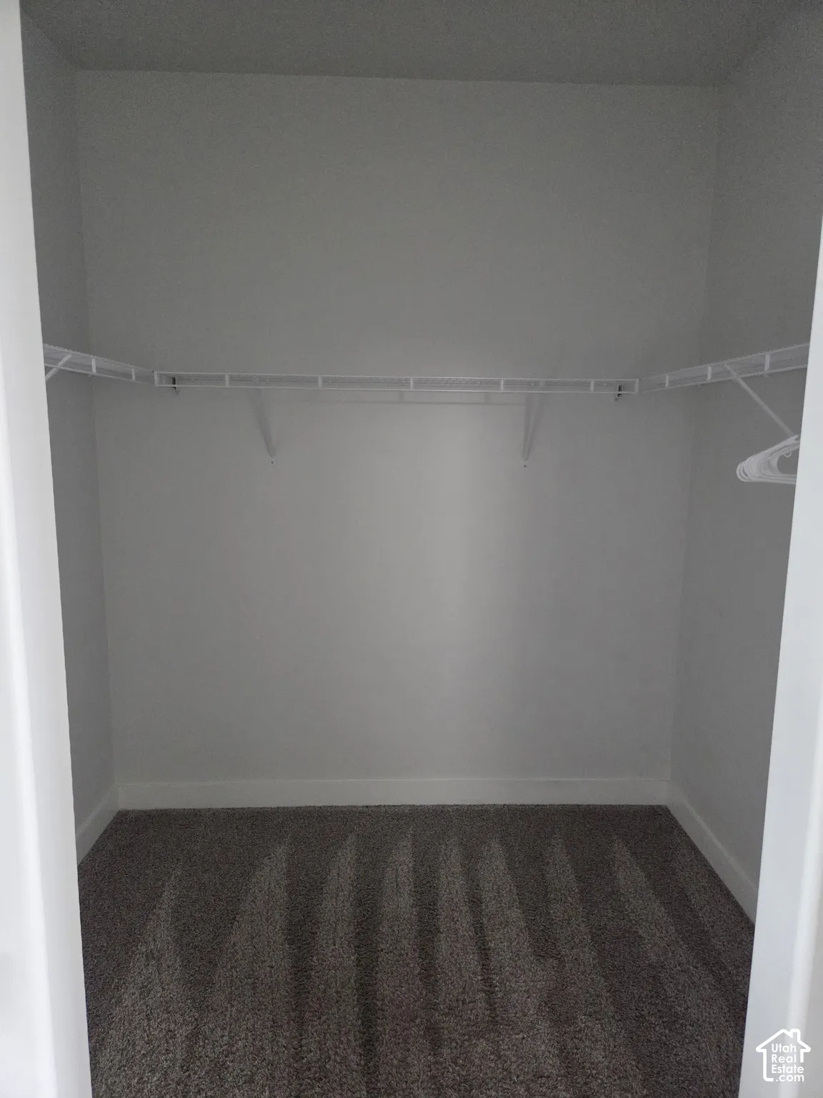 Built-in wire shelving system, light neutral wall paint, and dark pile carpeting