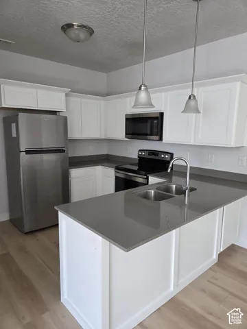 Modern kitchen with a central island featuring a double-basin stainless steel sink and a gooseneck faucet