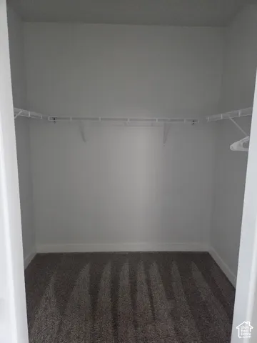 Built-in wire shelving system, light neutral wall paint, and dark pile carpeting