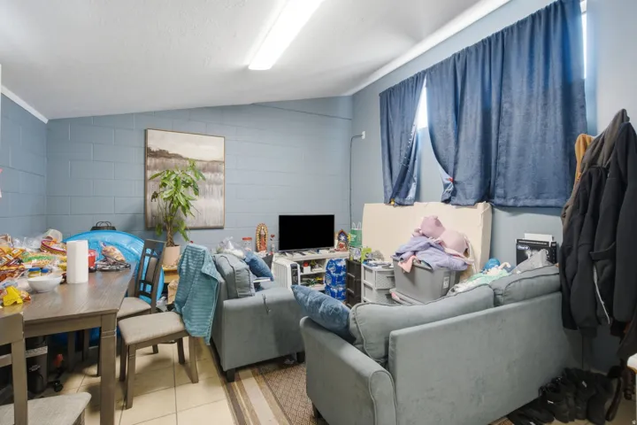 Room featuring blue-painted cinder block walls and a pitched ceiling with a fluorescent light fixture