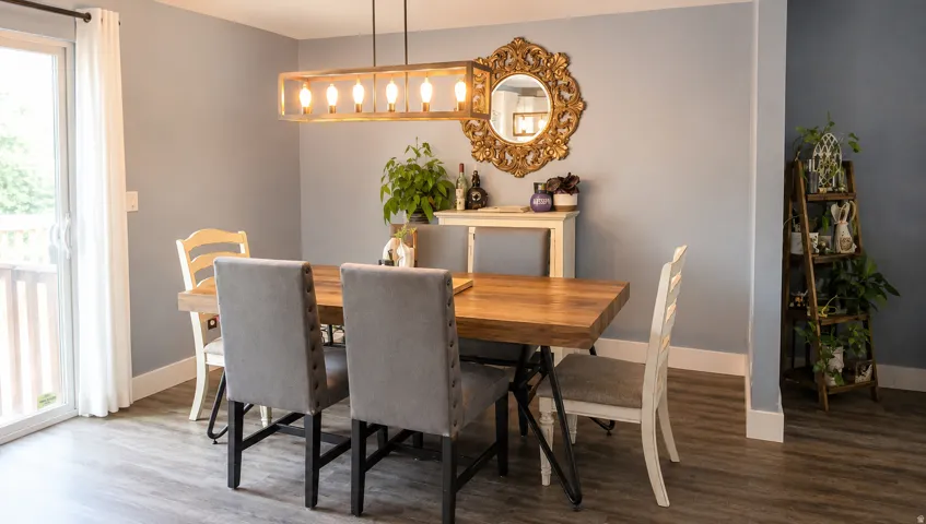 Dining area featuring wood-finish flooring, a contemporary linear chandelier, light blue walls, and a glass sliding door leading to an outdoor space