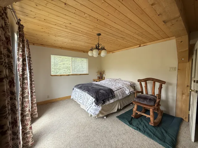 Room featuring a natural wood plank ceiling, light-colored carpet, and a window with a wood sill
