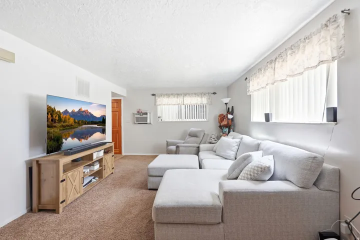 Carpeted living area featuring white walls, a textured ceiling, and natural light from multiple windows
