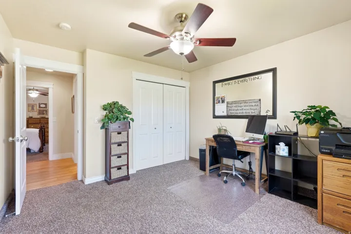 Room featuring neutral-toned walls, textured carpeting, and a ceiling fan with light fixture
