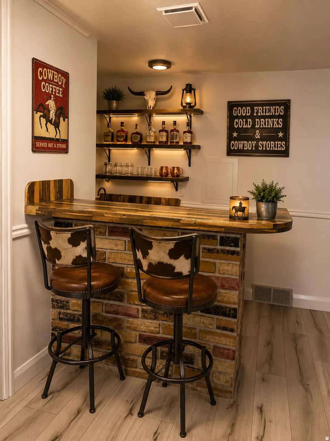 Custom built-in bar featuring a wood-finish countertop and a multi-tone brick-finish base