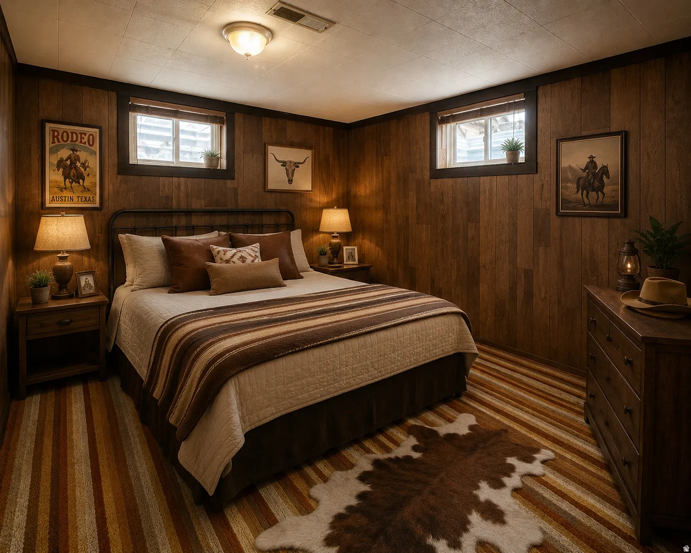 Room featuring wood-finish paneling, a ceiling-mounted light fixture, and two windows
