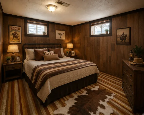 Room featuring wood-finish paneling, a ceiling-mounted light fixture, and two windows