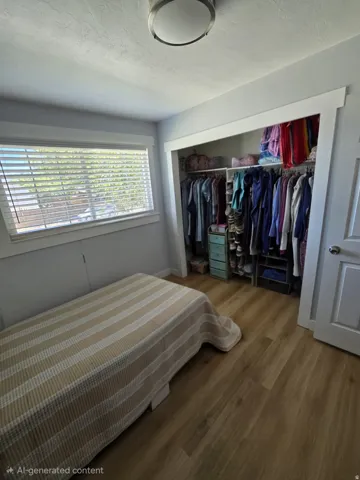 Room featuring wood-finish flooring, a window with horizontal blinds, and a built-in closet with shelving and hanging rods