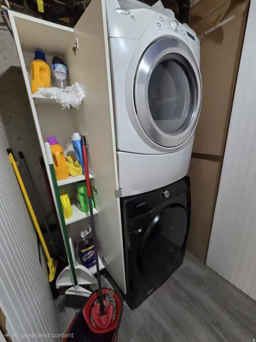 Dedicated laundry area featuring a stacked washer and dryer combination, wood-finish flooring, and a built-in storage cabinet with shelving