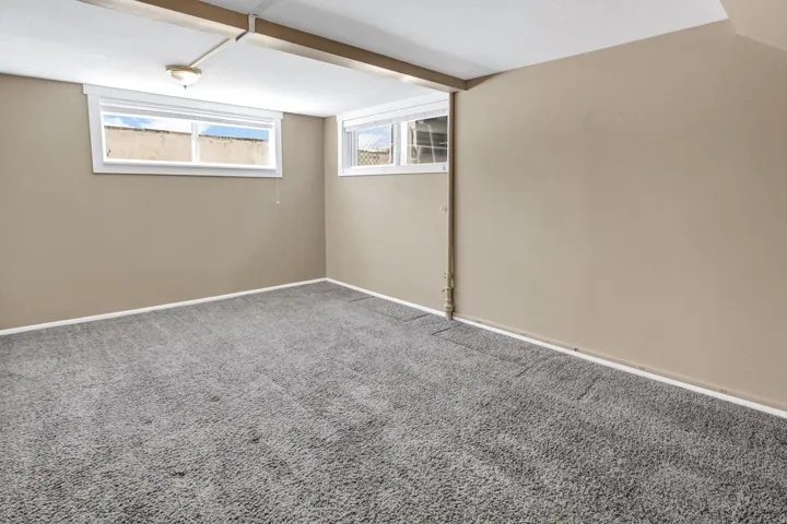 Spacious room featuring neutral paint, gray carpeting, dual windows, and white trim
