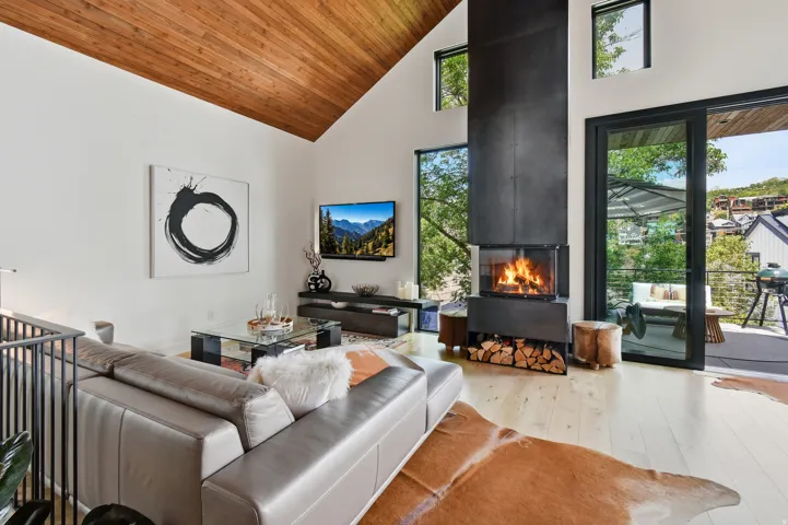 Vaulted wood-finish ceiling above a contemporary living space featuring a floor-to-ceiling metal fireplace with an integrated wood storage niche