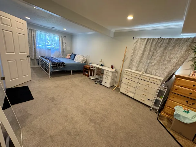 Spacious bedroom featuring light neutral walls, recessed lighting, crown molding, a window with natural light, and soft gray carpeting