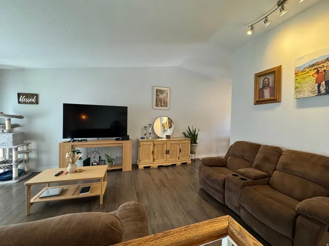 Spacious living area featuring vaulted ceilings, wood-finish flooring, light-toned wall paint, and track lighting