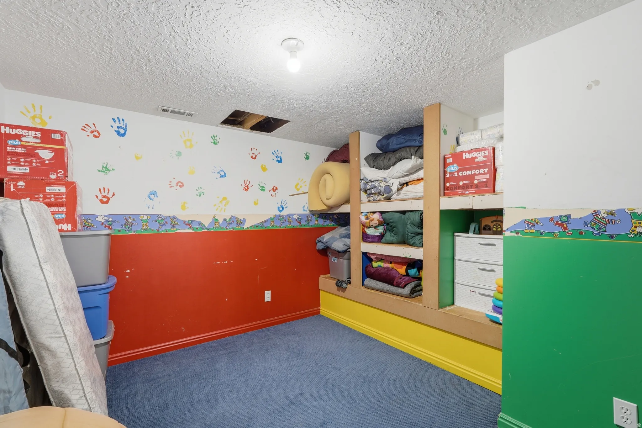 Carpeted room featuring built-in shelving, colorful wall accents, and a textured ceiling