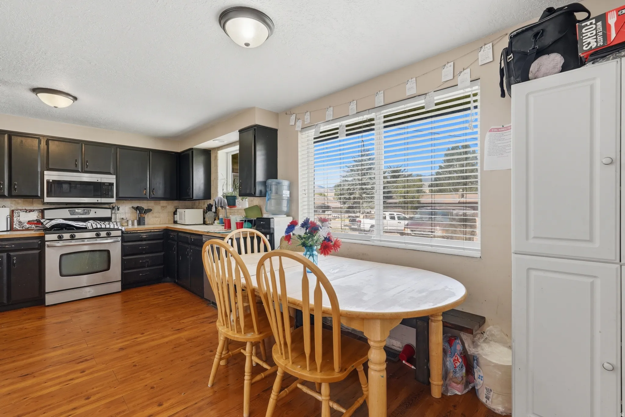 Kitchen featuring black cabinetry, stainless steel appliances, wood-finish flooring, and a large window with horizontal blinds