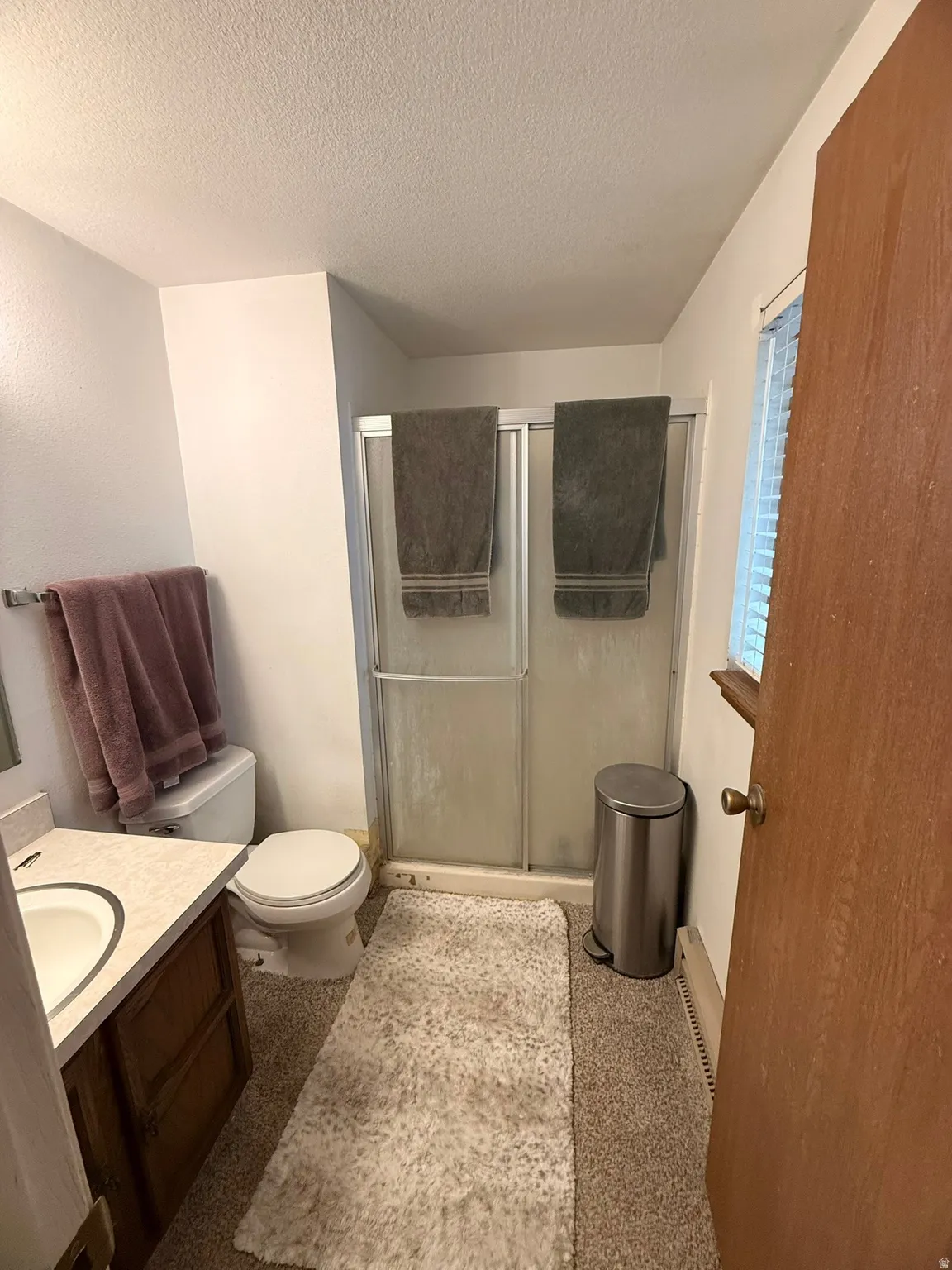 Full bathroom featuring a shower with sliding frosted glass doors, white toilet, and a vanity with an integrated sink and wood-finish cabinetry