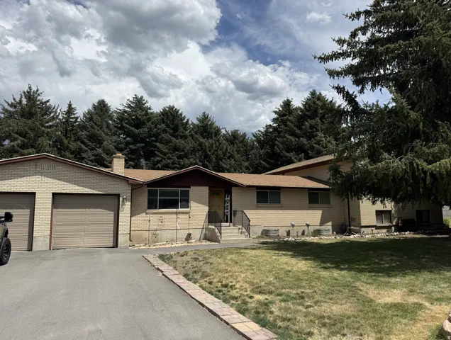 Ranch-style residence featuring brick siding, a two-car attached garage, and mature evergreen landscaping