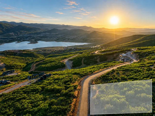 Expansive mountain landscape featuring a large lake, winding paved roads, and multiple residential structures