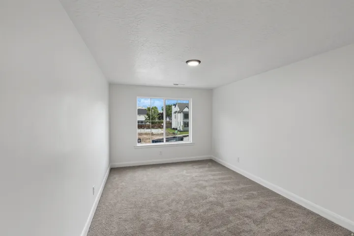 Room featuring a window with exterior views, neutral carpet flooring, white walls, and a ceiling-mounted light fixture