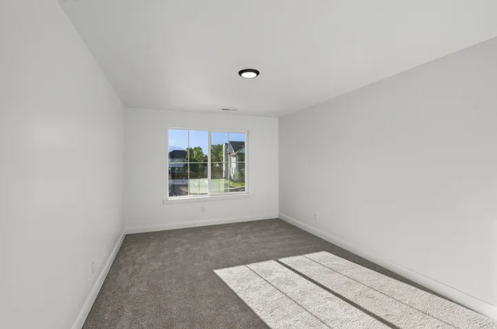 Bright interior space featuring a window with white trim, gray carpeted flooring, white walls, and a ceiling light fixture