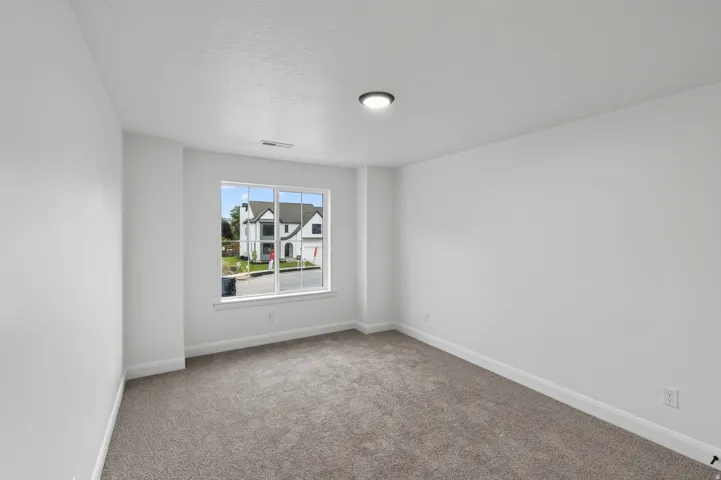 Room featuring neutral carpet, white walls, and a window with white trim