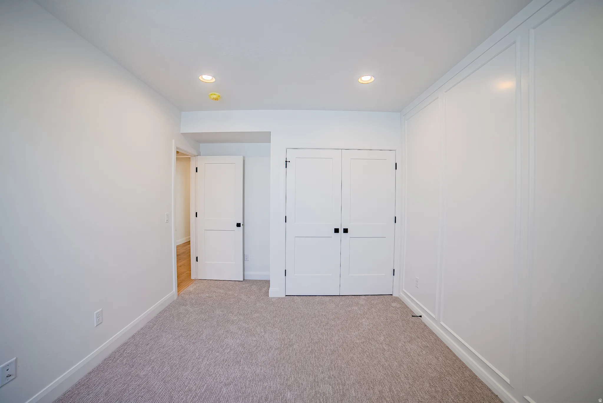 Bright interior room featuring a neutral carpet, recessed lighting, and a white paneled accent wall