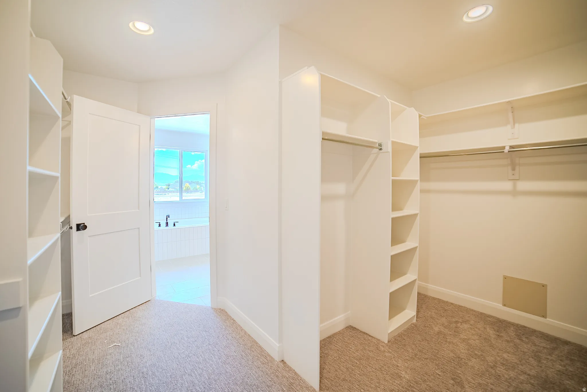 Walk-in closet featuring built-in shelving, hanging rods, recessed lighting, and carpet flooring
