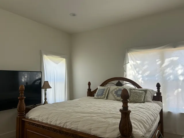 Bedroom featuring neutral wall paint, recessed ceiling lighting, and two windows providing natural illumination