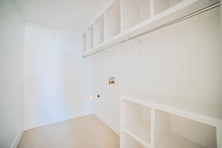 Dedicated utility space featuring built-in white shelving, a chrome hanging rod, and light-toned patterned carpeting