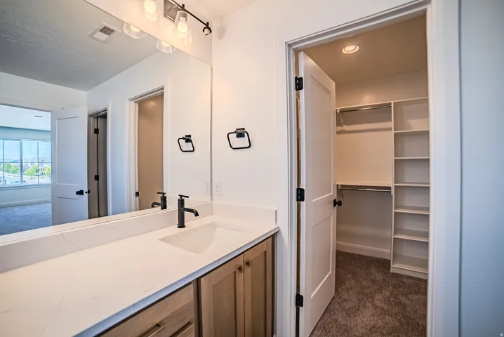 Bathroom vanity featuring a single basin sink, light-toned countertop, and wood-finish cabinetry